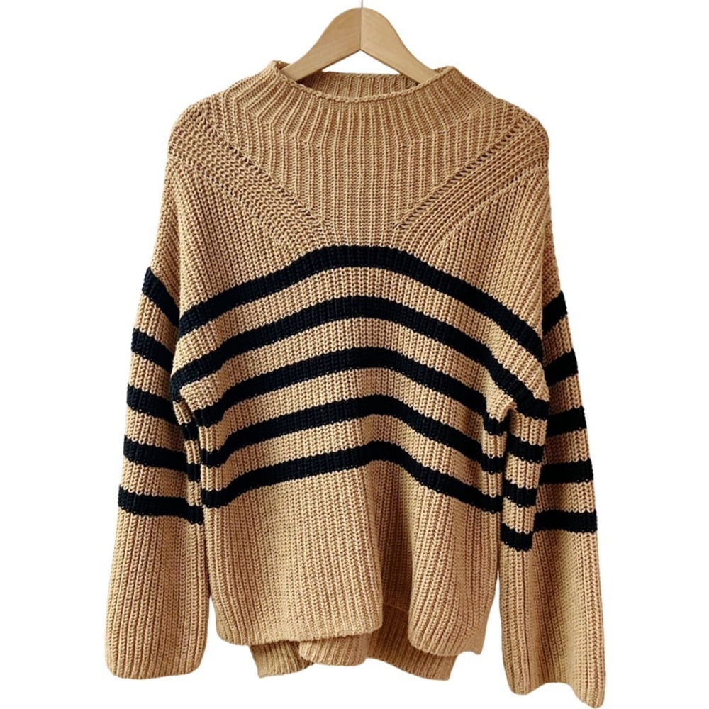 Fisherman Nautical Striped Old Navy Sweater Medium Tan Black Chunky Cozy - Picture 1 of 8